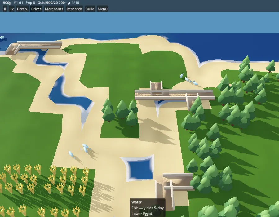 Merchant’s Venture: wooden bridges over a winding river in Lower Egypt, with fish jumping in the water