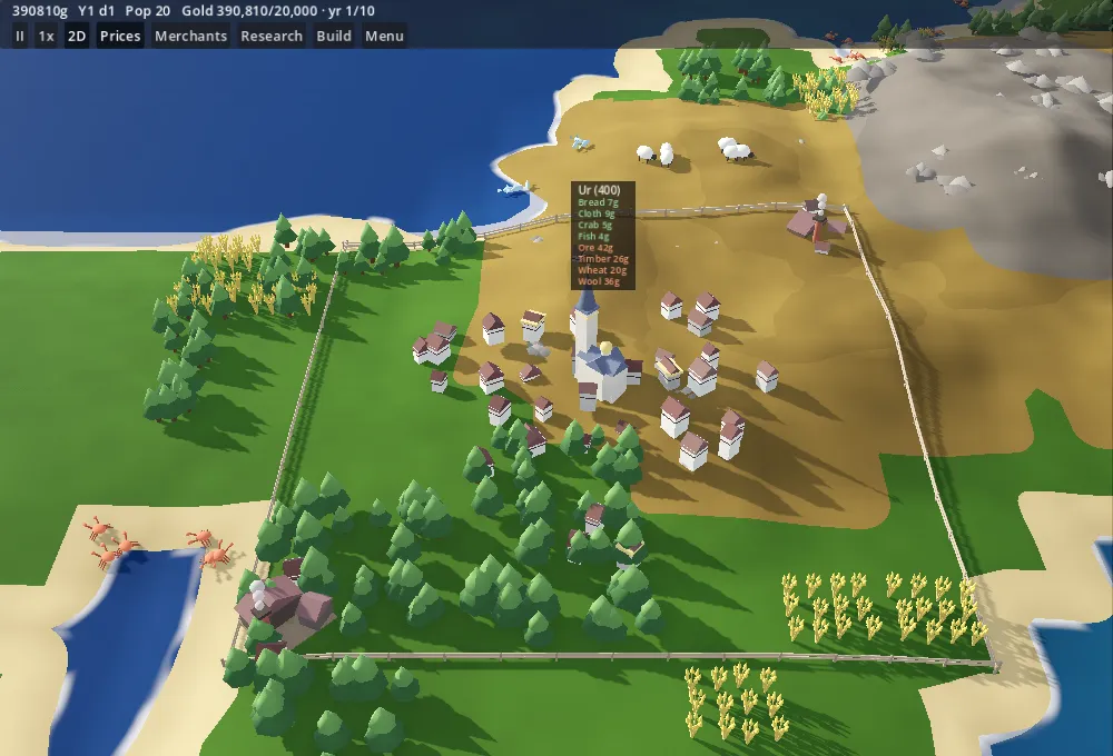 Merchant’s Venture: a walled town with its farms, woods and a rocky mountain, seen from above
