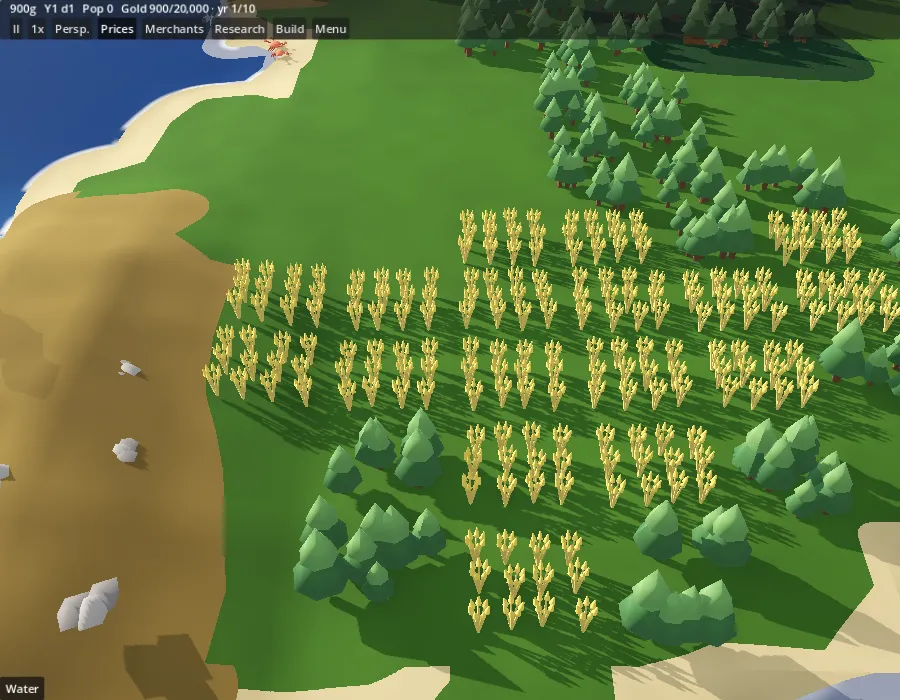 Merchant’s Venture: wheat fields between stands of trees near the coast