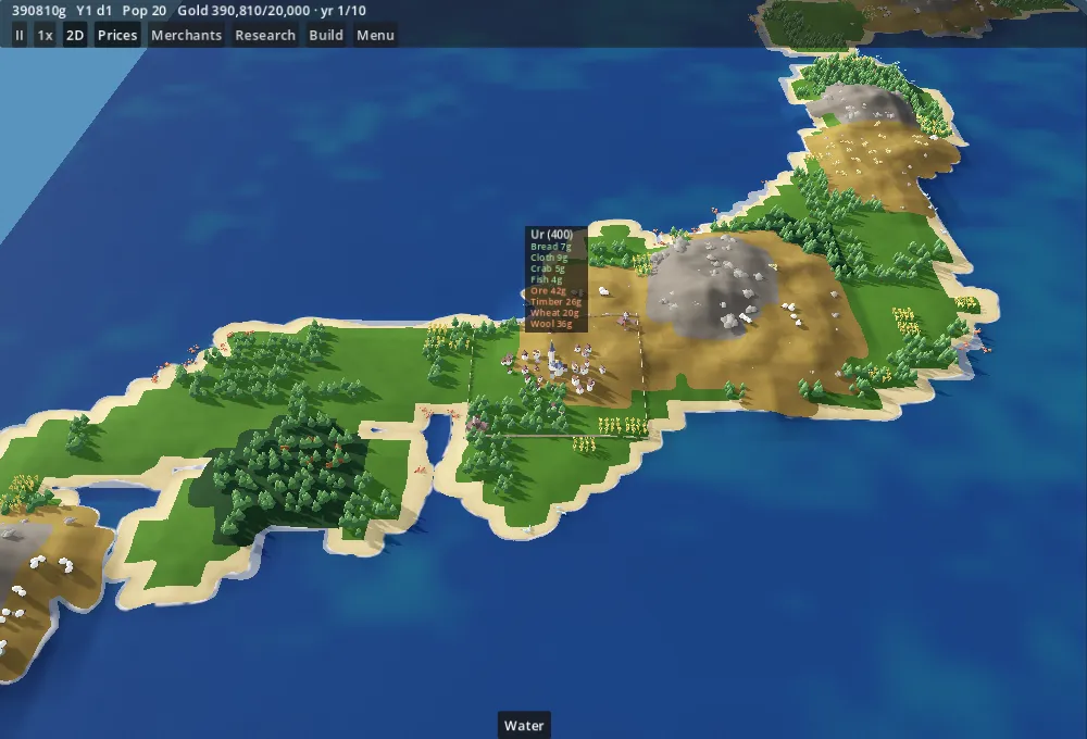 Merchant’s Venture: the islands of Japan in the 3D view, with forests, farmland, a mountain and a walled town