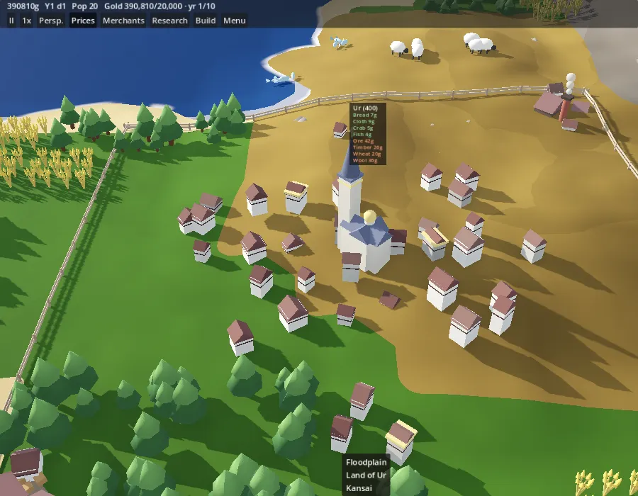 Merchant’s Venture: the town of Ur with a church, houses, sheep in the fields and its market prices shown